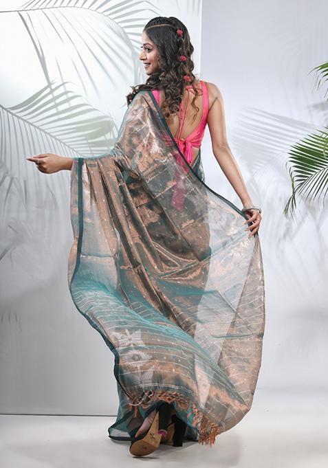 Teal Polka Dot Tissue Saree Set