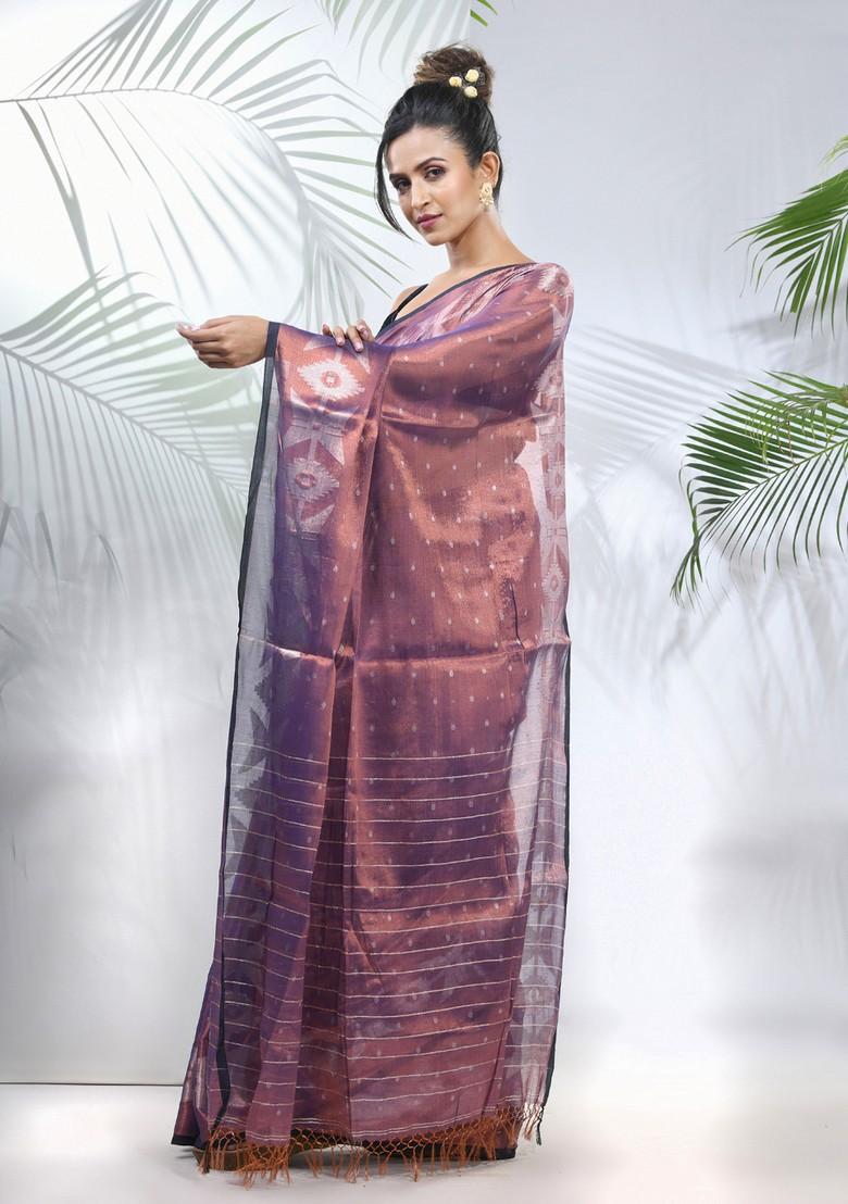 Blue Polka Dot Tissue Saree Set - Indya