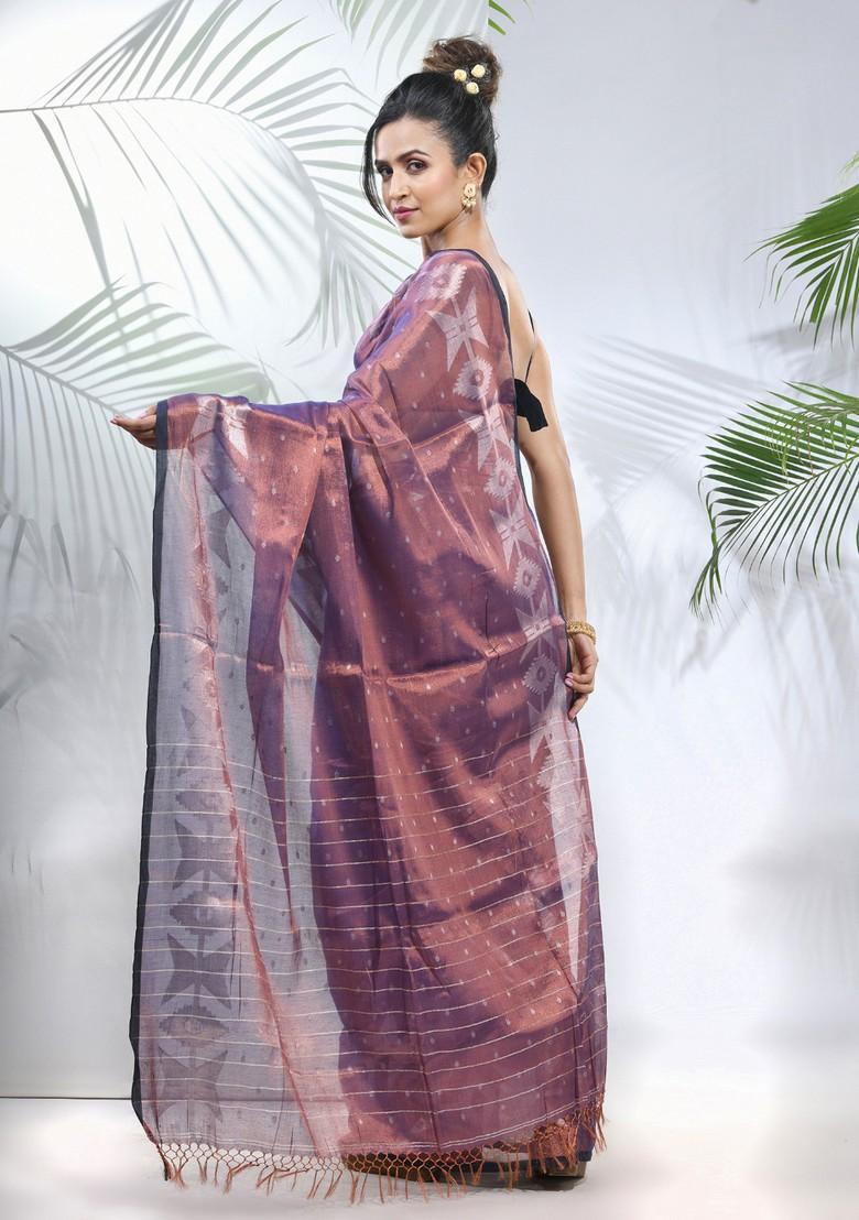 Blue Polka Dot Tissue Saree Set - Indya