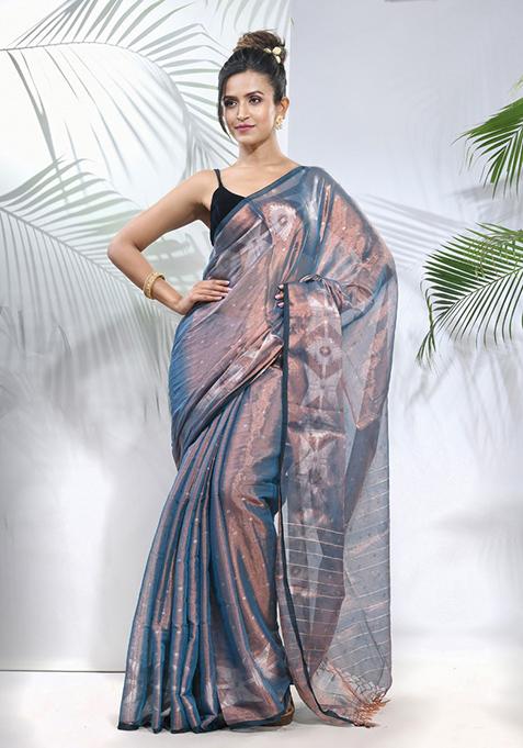 Blue Polka Dot Jamdani Tissue Saree Set