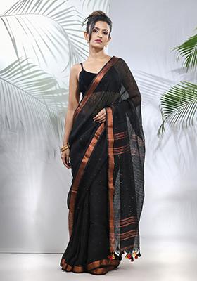 Black Sequin Work Linen Saree Set