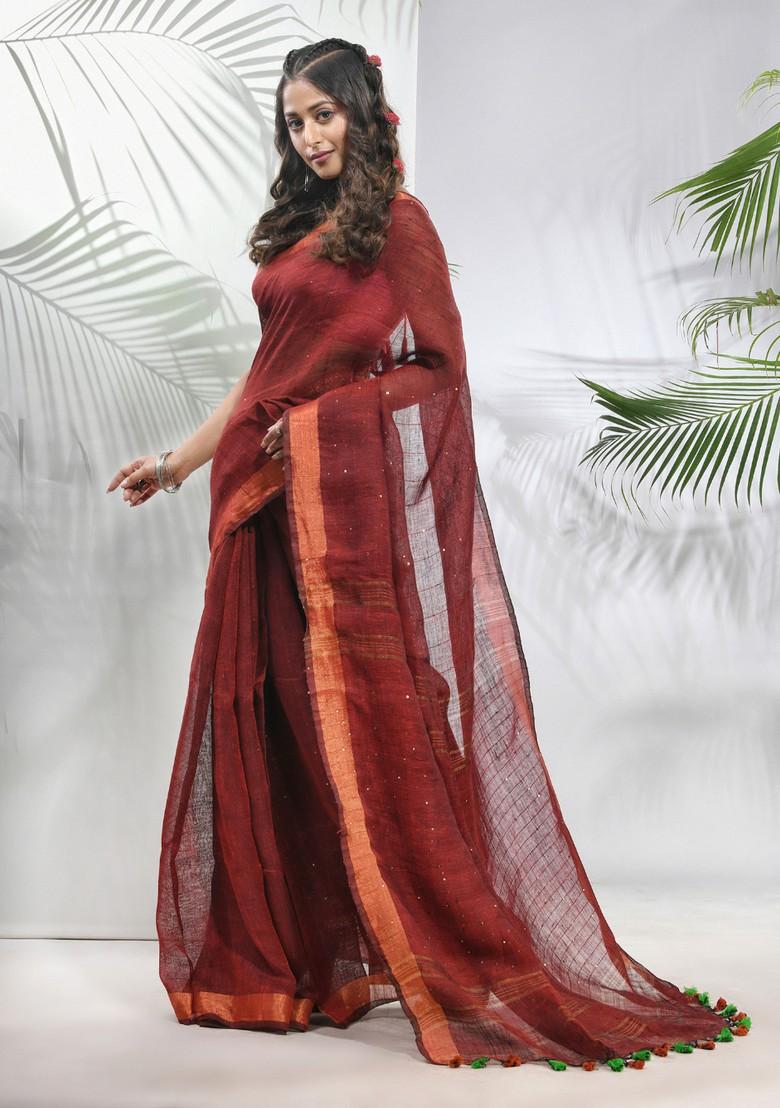 Maroon Sequin Work Linen Saree Set