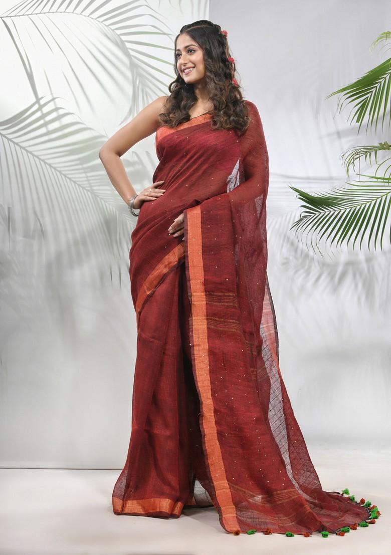 Maroon Sequin Work Linen Saree Set