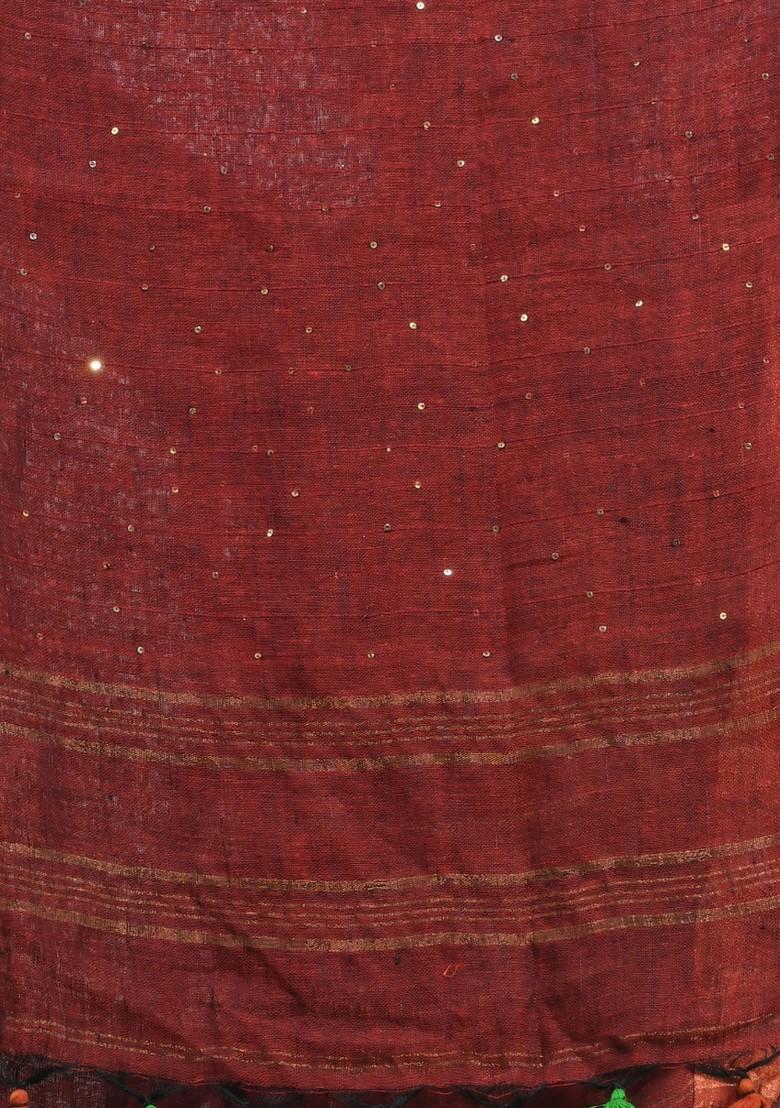 Maroon Sequin Work Linen Saree Set