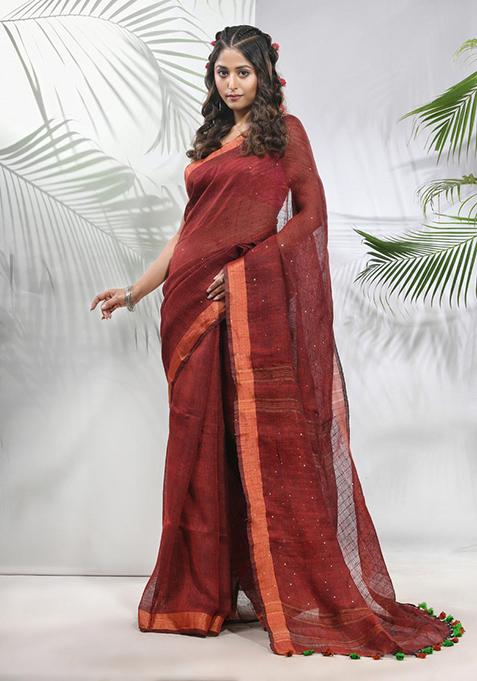 Maroon Sequin Work Linen Saree Set