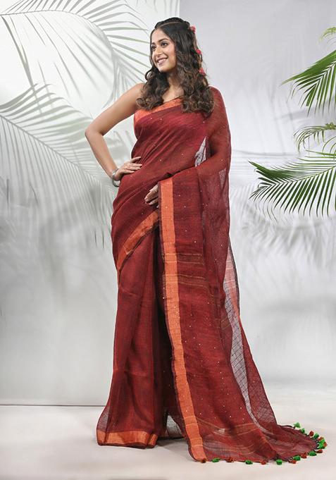 Maroon Sequin Work Linen Saree Set