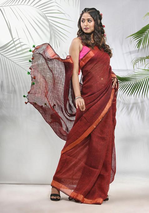 Maroon Sequin Work Linen Saree Set