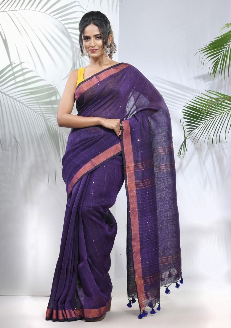 Lilac Sequin Work Linen Saree Set