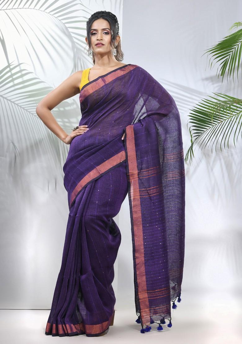 Lilac Sequin Work Linen Saree Set