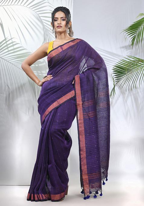 Lilac Sequin Work Linen Saree Set
