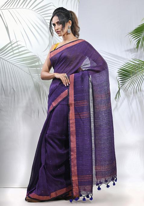 Lilac Sequin Work Linen Saree Set