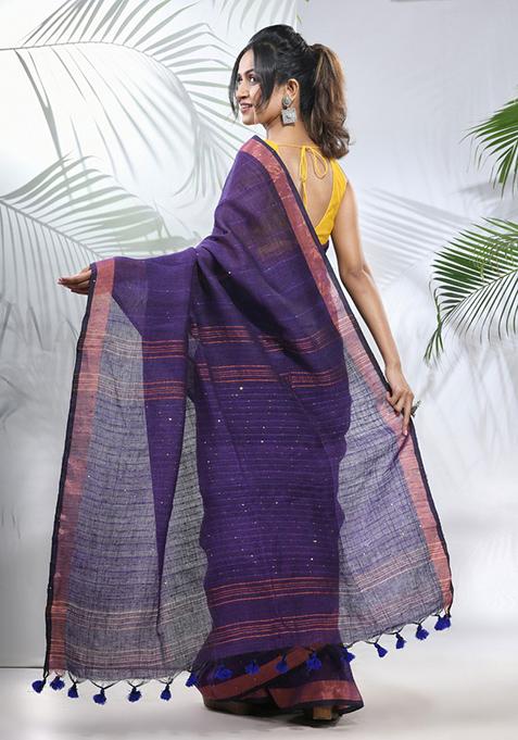 Lilac Sequin Work Linen Saree Set