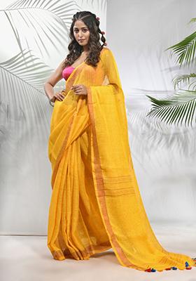 Yellow Sequin Work Linen Saree Set
