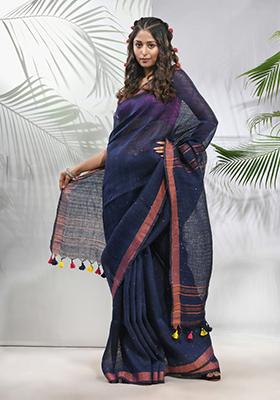 Midnight Blue Sequin Work Linen Saree Set