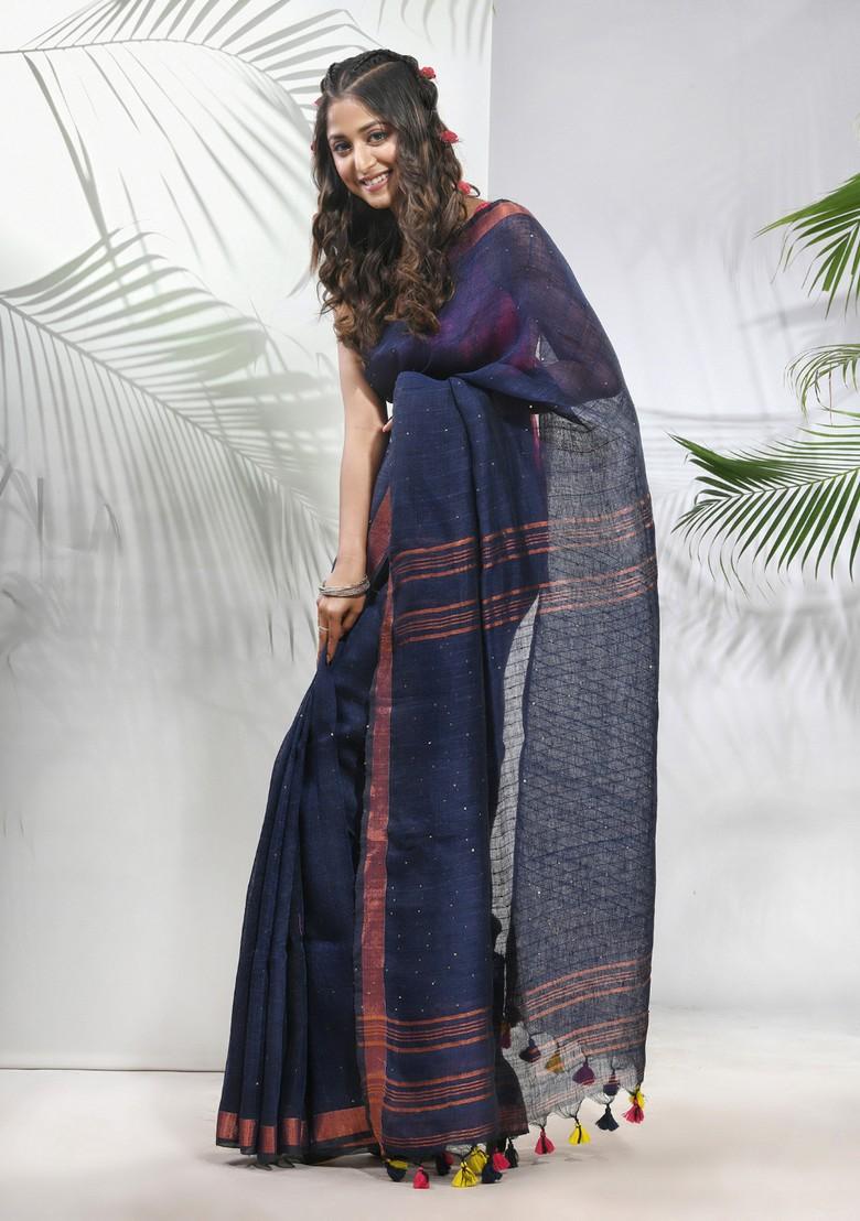 Midnight Blue Sequin Work Linen Saree Set