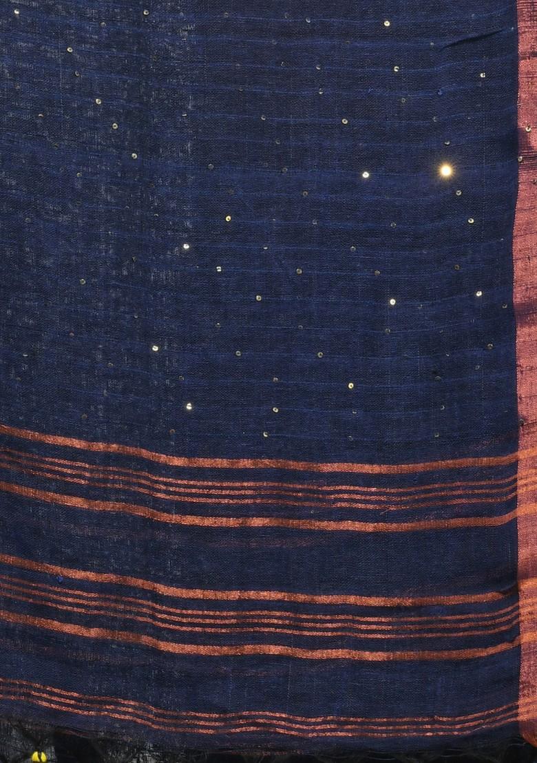 Midnight Blue Sequin Work Linen Saree Set