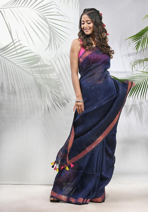 Midnight Blue Sequin Work Linen Saree Set