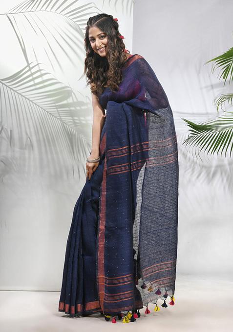 Midnight Blue Sequin Work Linen Saree Set