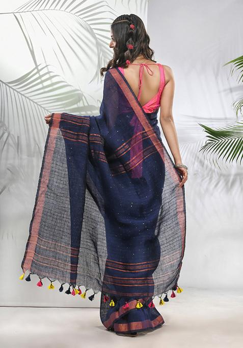 Midnight Blue Sequin Work Linen Saree Set