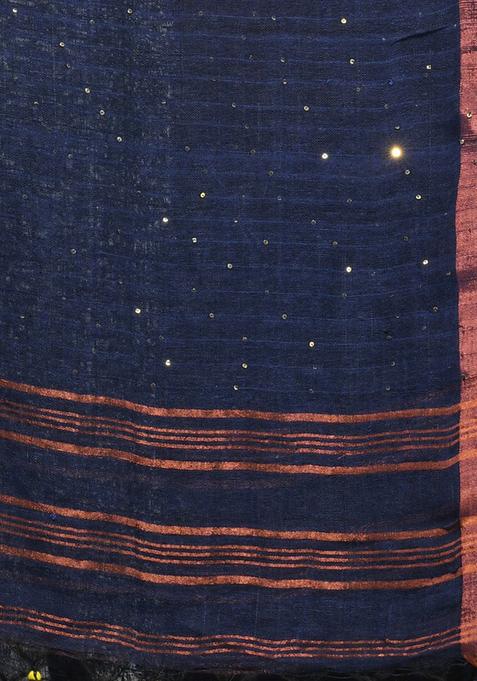 Midnight Blue Sequin Work Linen Saree Set