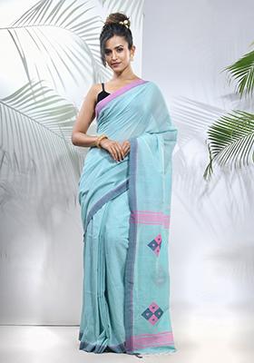 Sea Green Striped Cotton Saree Set