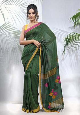 Green Striped Cotton Saree Set