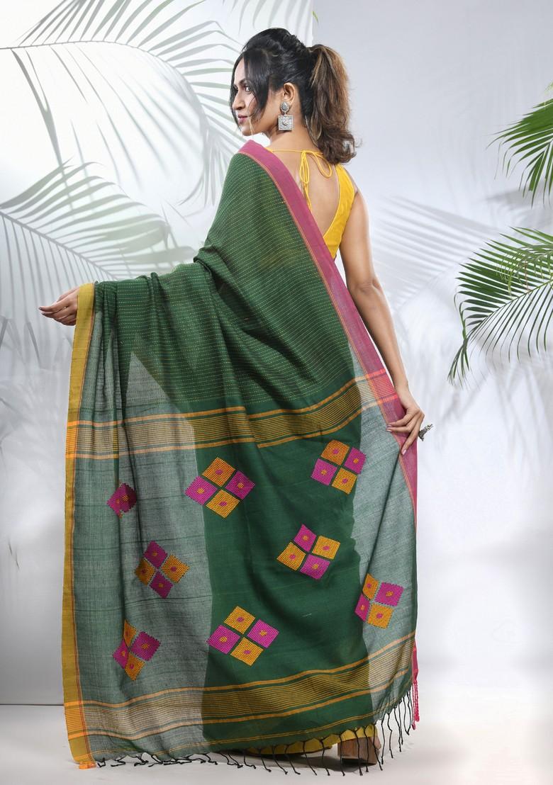 Green Striped Cotton Saree Set - Indya