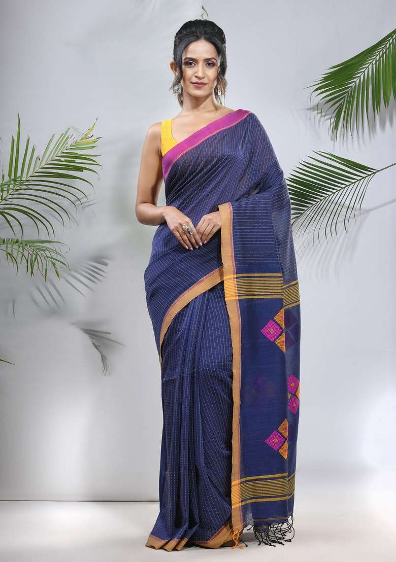 Blue Striped Cotton Saree Set for Diwali and Festive Wear - Indya