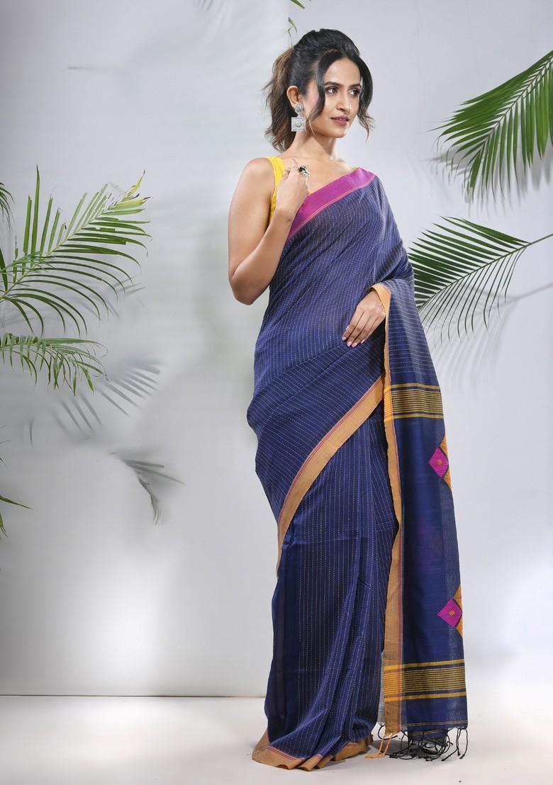 Blue Striped Cotton Saree Set - Indya