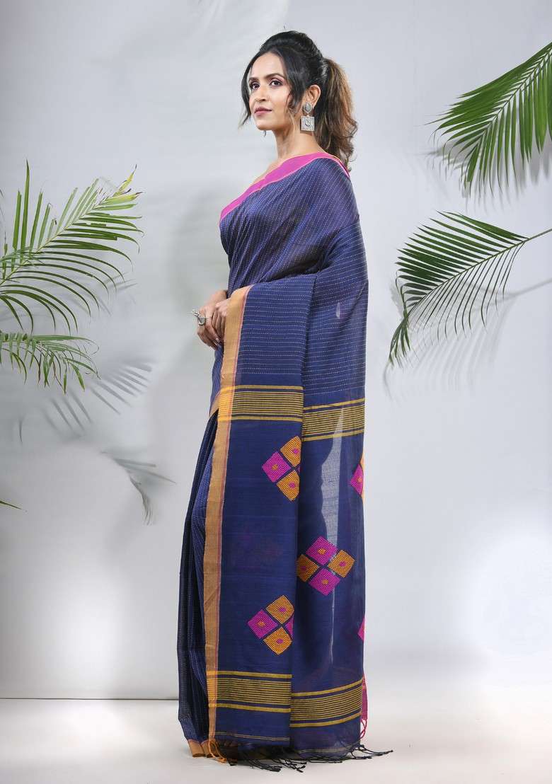 Blue Striped Cotton Saree Set for Diwali and Festive Wear - Indya