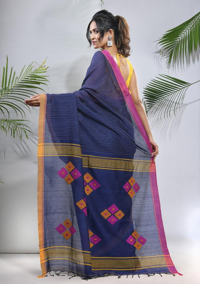 Blue Striped Cotton Saree Set - Indya