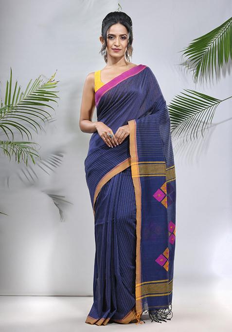 Blue Striped Cotton Saree Set