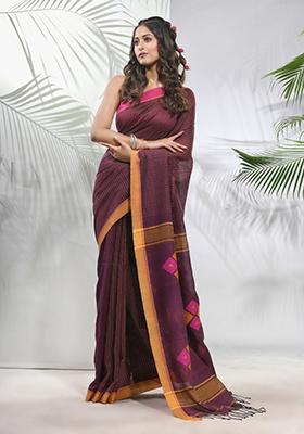 Brown Striped Cotton Saree Set