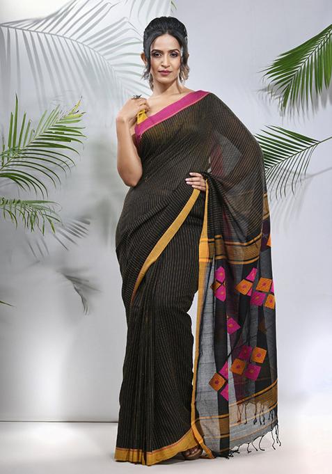 Black Striped Cotton Saree Set