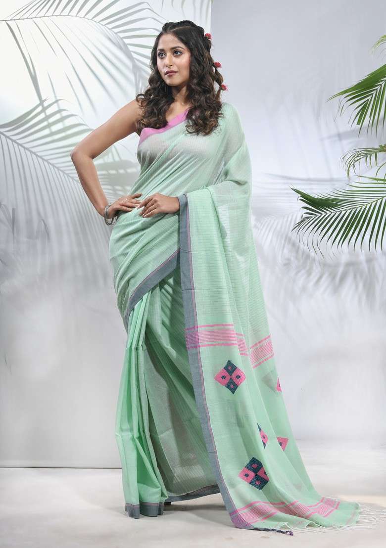 Mint Green Striped Cotton Saree Set for Diwali | Wedding & Festive Wear - Indya