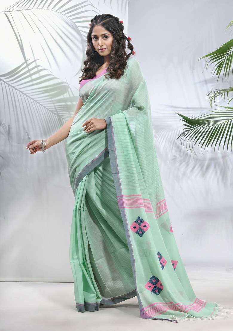 Mint Green Striped Cotton Saree Set for Diwali | Wedding & Festive Wear - Indya