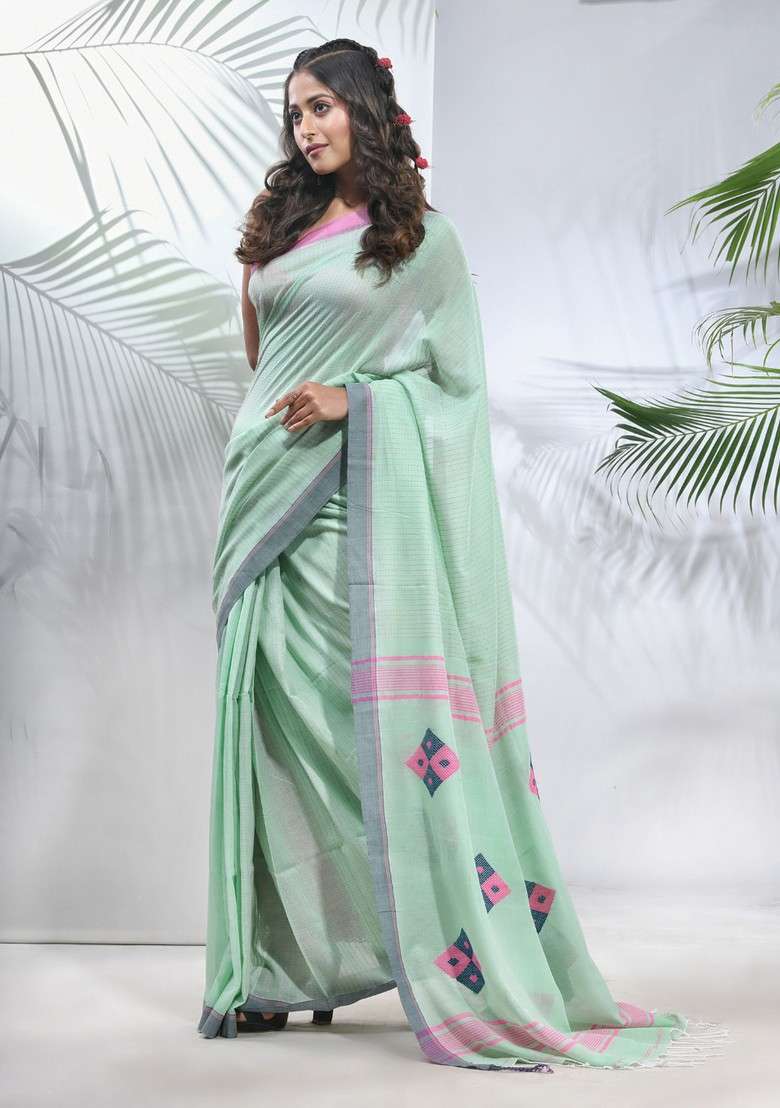 Mint Green Striped Cotton Saree Set for Diwali | Wedding & Festive Wear - Indya
