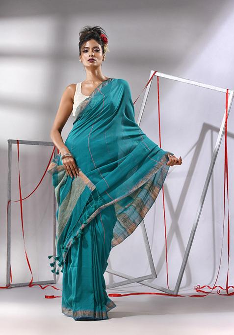 Teal Woven Work Cotton Saree Set