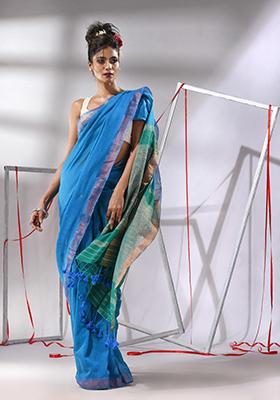 Sapphire Blue Sequin Work Cotton Saree Set