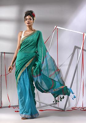 Teal Striped Cotton Saree Set