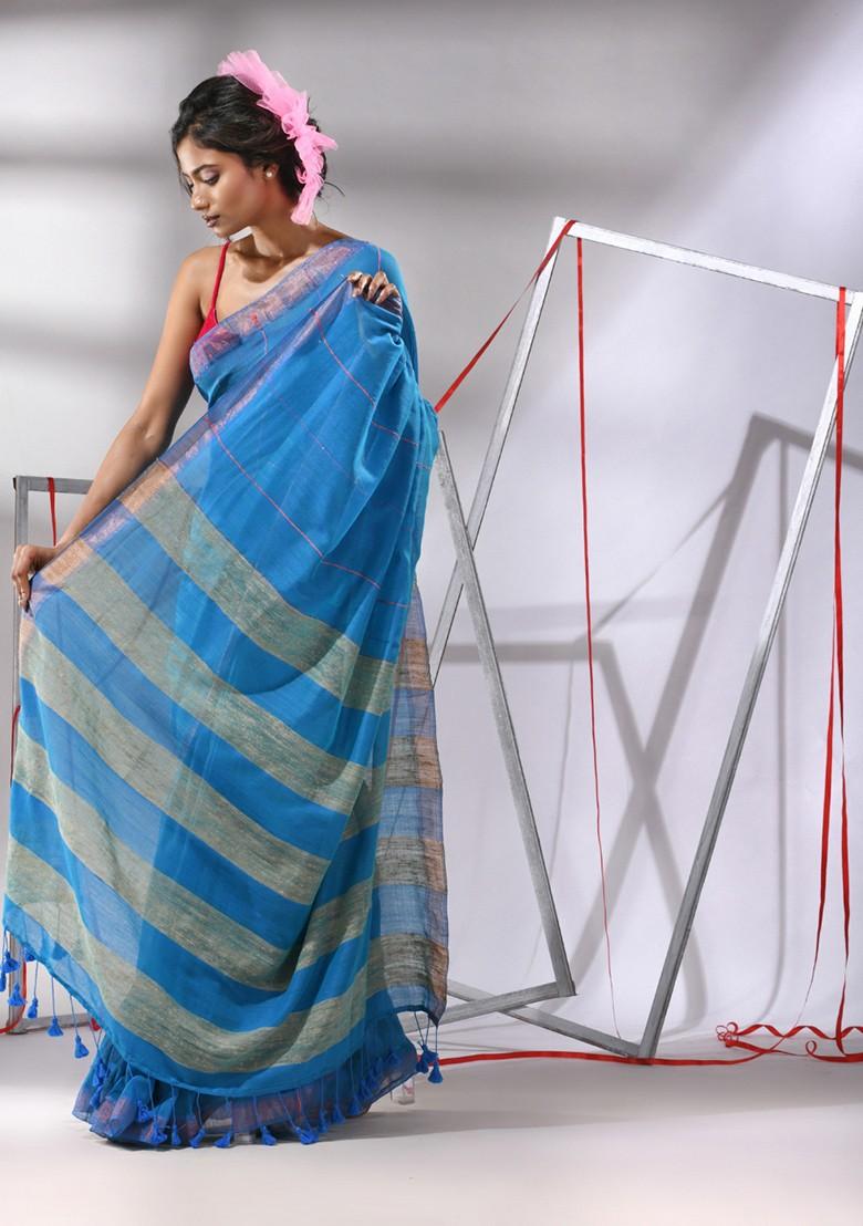Blue Sequin Work Cotton Saree Set - Indya