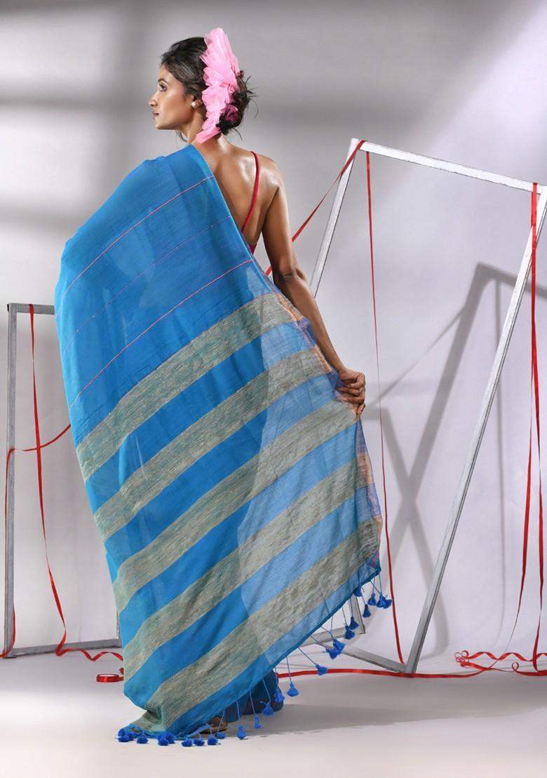 Blue Sequin Work Cotton Saree Set - Indya