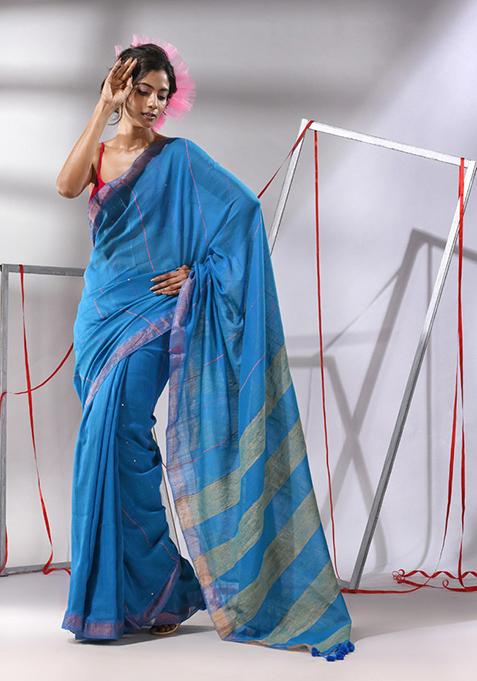 Blue Sequin Work Cotton Saree Set