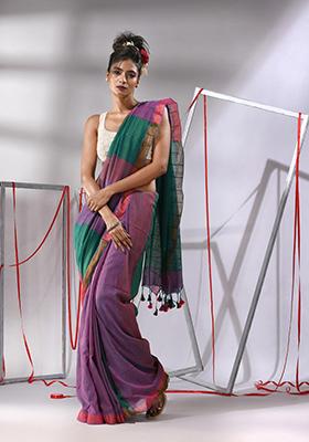 Magenta Sequin Work Cotton Saree Set