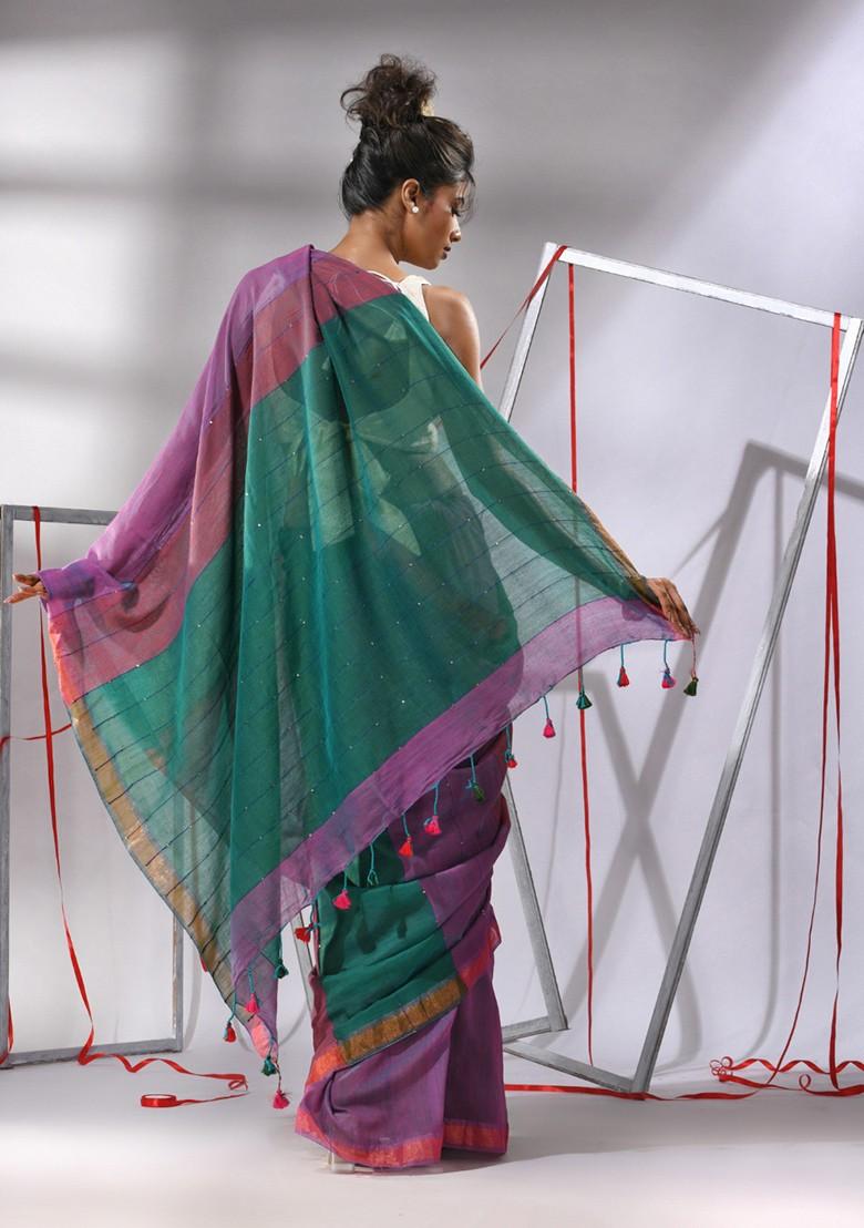 Magenta Sequin Work Cotton Saree Set - Indya