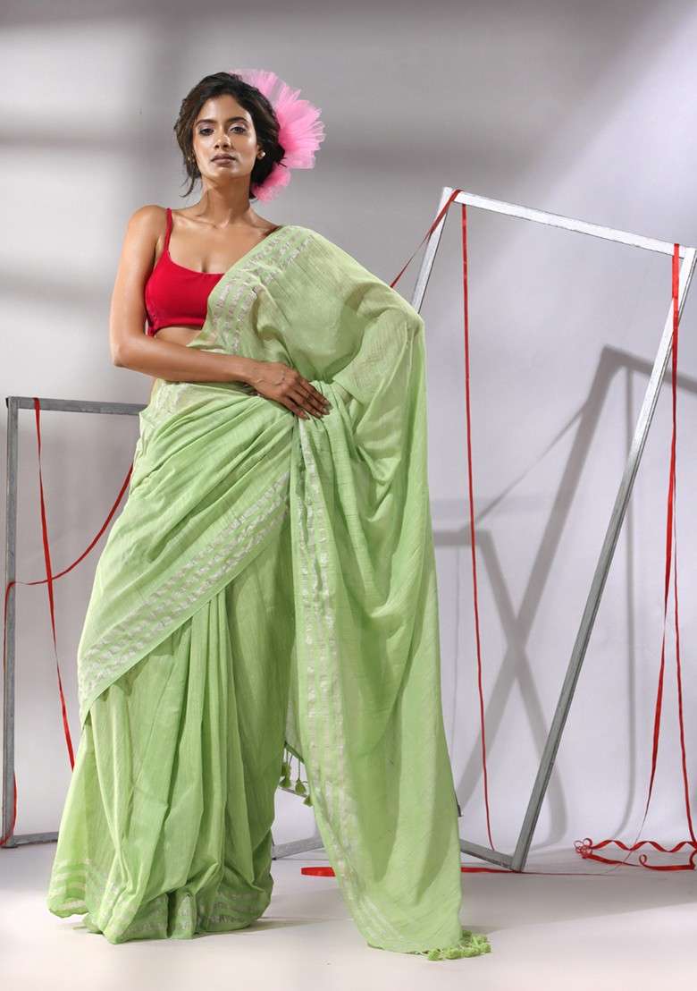 Pear Green Zari Striped Cotton Saree Set for Diwali | Wedding & Festive Wear - Indya