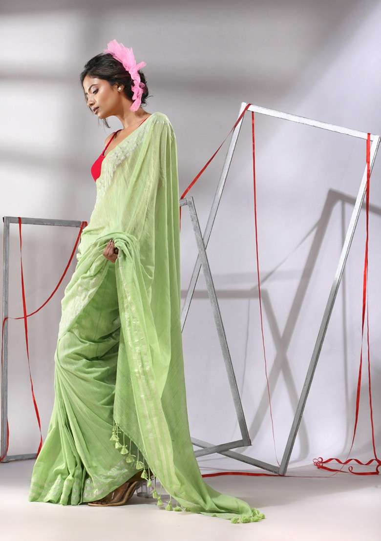 Pear Green Zari Striped Cotton Saree Set for Diwali | Wedding & Festive Wear - Indya