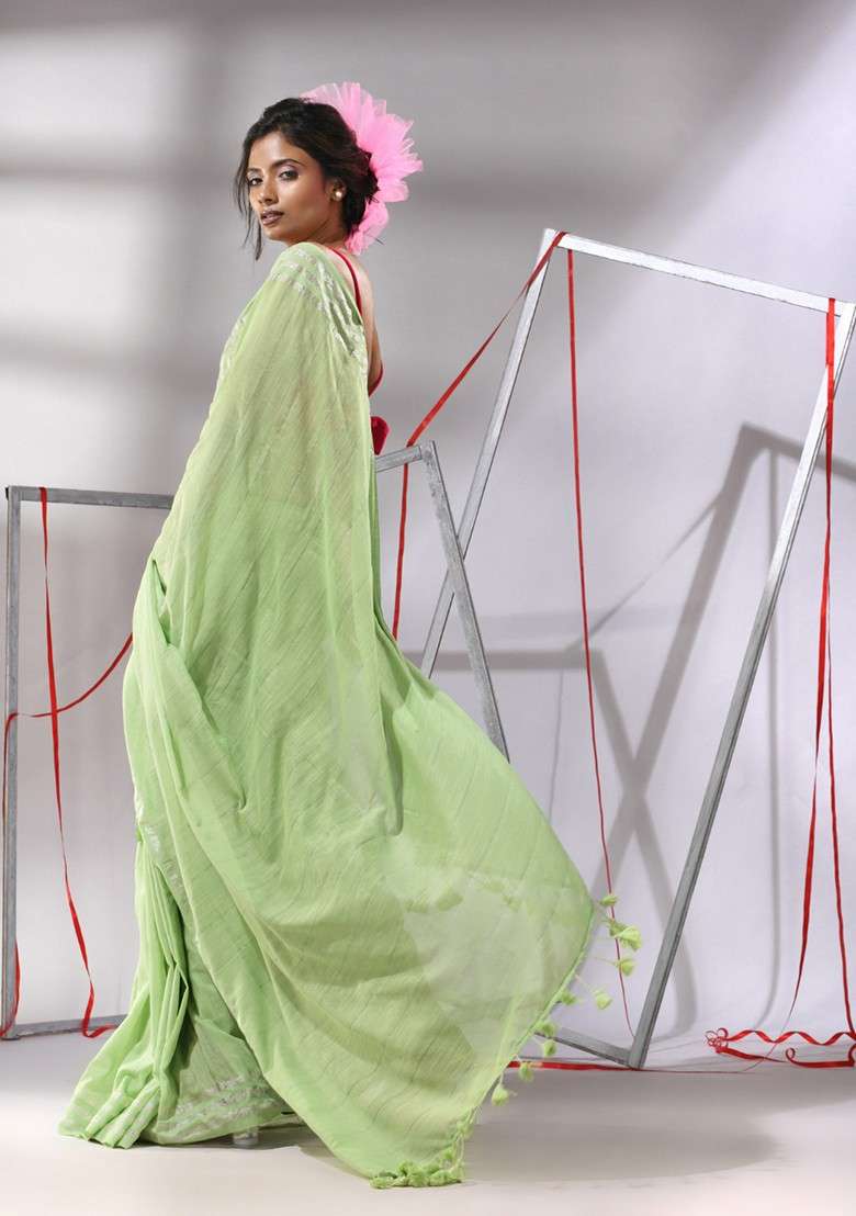 Pear Green Zari Striped Cotton Saree Set for Diwali | Wedding & Festive Wear - Indya