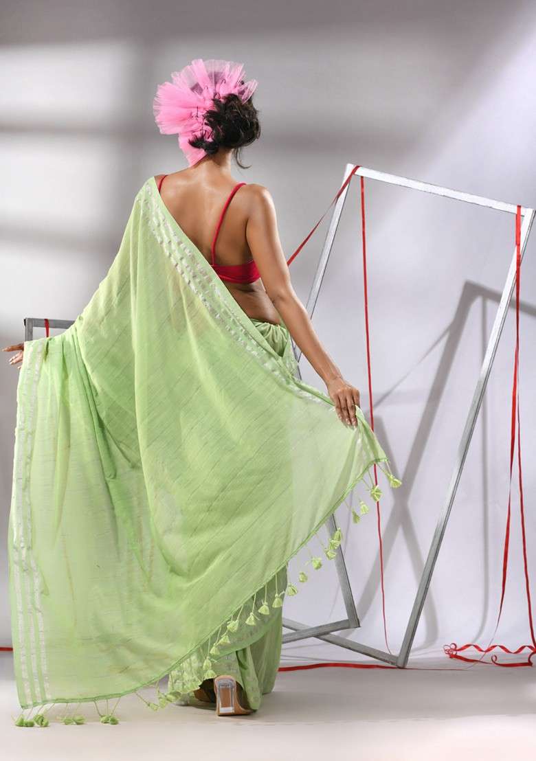 Pear Green Zari Striped Cotton Saree Set for Diwali | Wedding & Festive Wear - Indya