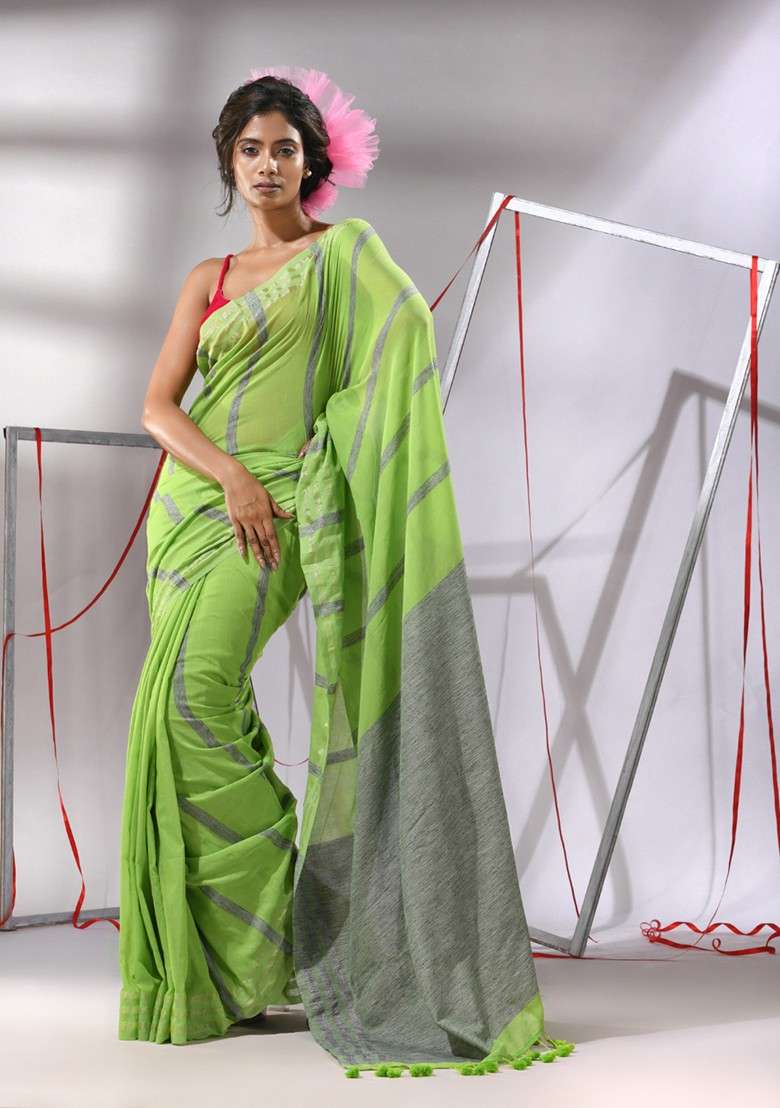 Green Striped Cotton Saree Set for Diwali | Wedding & Festive Wear - Indya